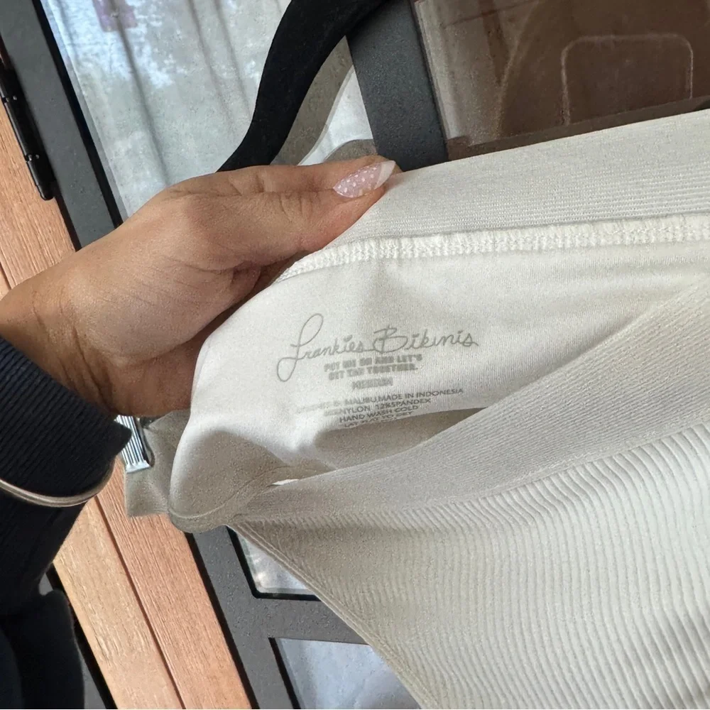 Frankie’s Bikinis Drew White Ribbed Swimsuit Bottoms cheeky elastic band